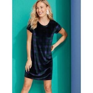 Vineyard Vines Blackwatch Plaid Velvet Madaket T-Shirt Dress Small Blue Green